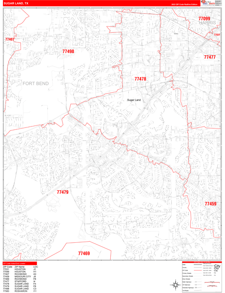 Sugar Land City Wall Map Red Line Style